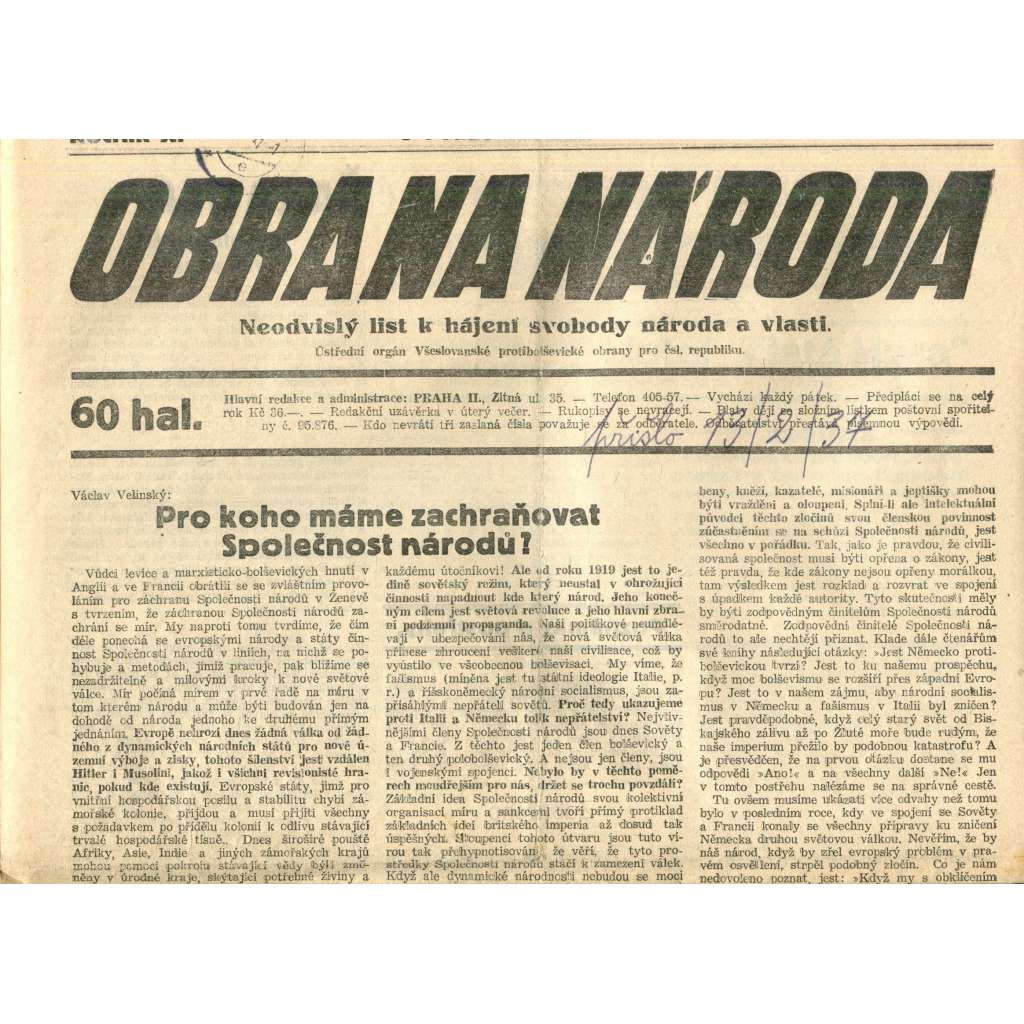Obrana národa 12.2.1937 (antisemitismus, antisemitské, protibolševické noviny)