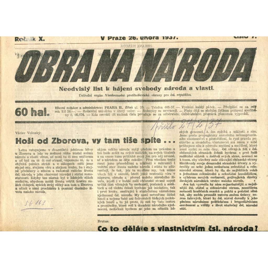 Obrana národa 26.2.1937 (antisemitismus, antisemitské, protibolševické noviny)