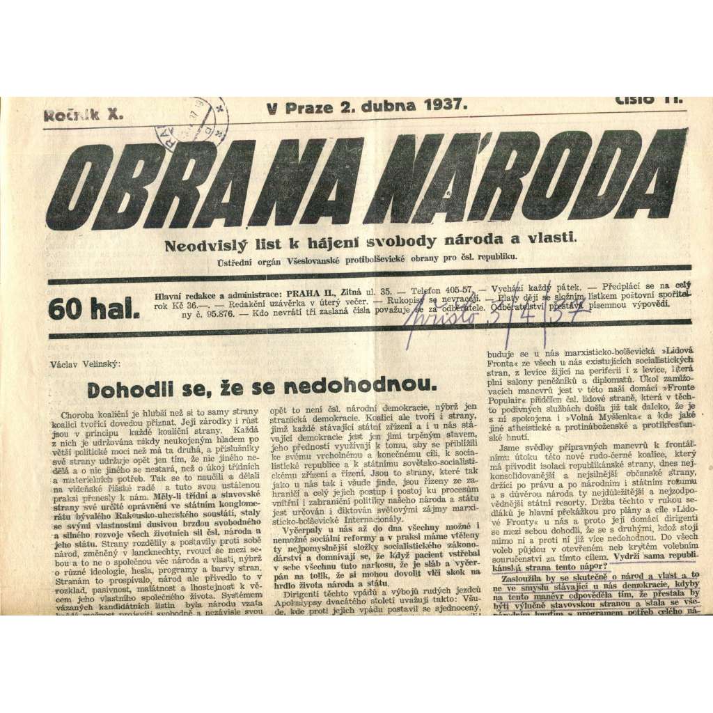 Obrana národa 2.4.1937 (antisemitismus, antisemitské, protibolševické noviny)