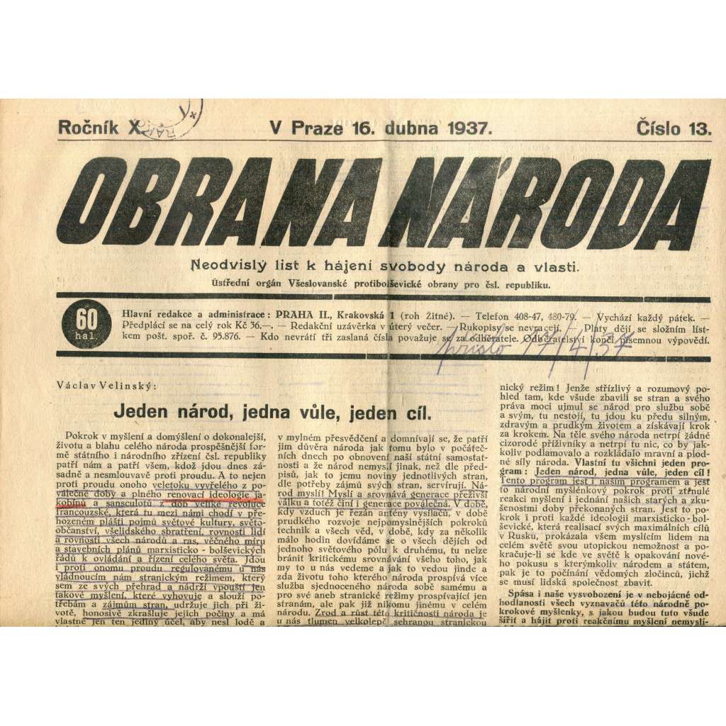 Obrana národa 16.4.1937 (antisemitismus, antisemitské, protibolševické noviny)