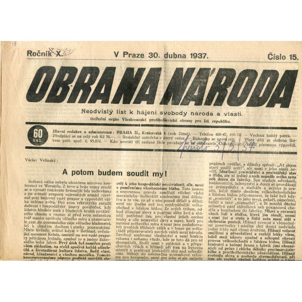 Obrana národa 30.4.1937 (antisemitismus, antisemitské, protibolševické noviny)