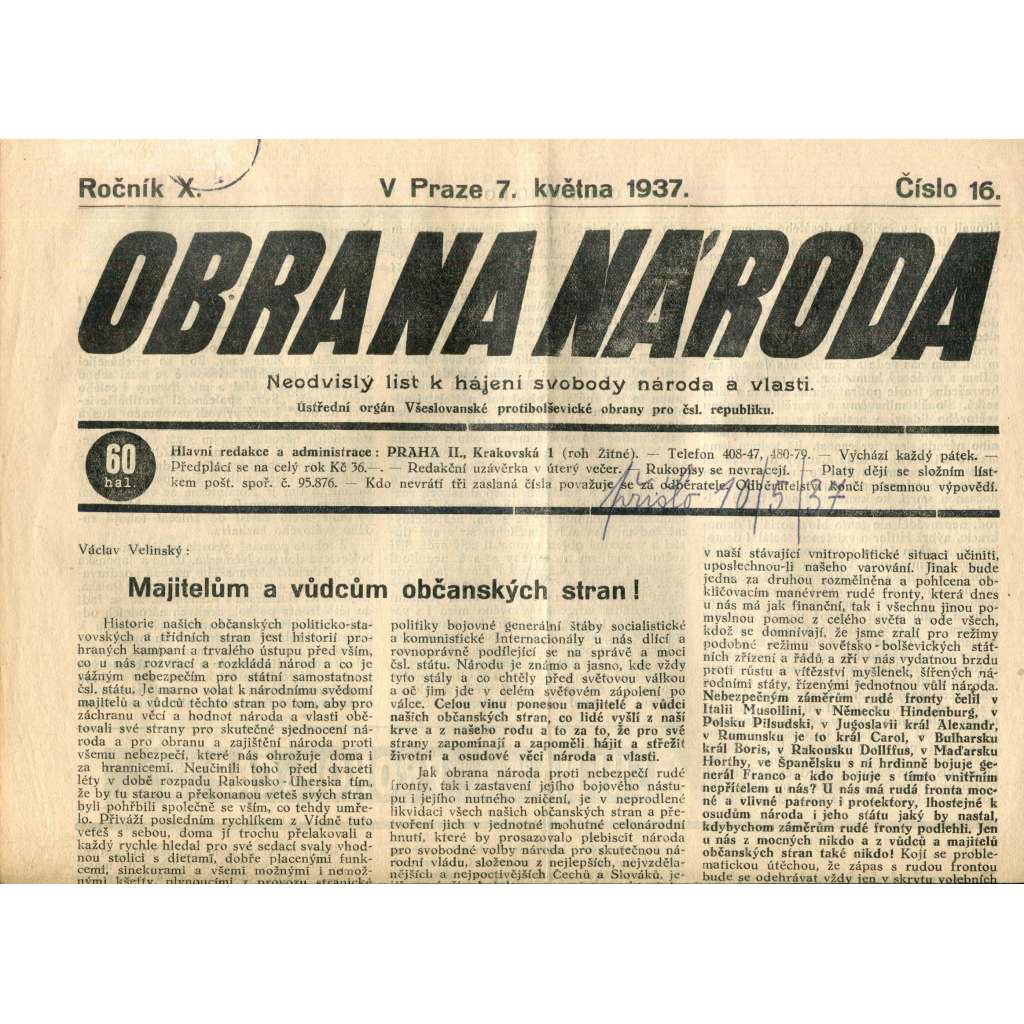 Obrana národa 7.5.1937 (antisemitismus, antisemitské, protibolševické noviny)