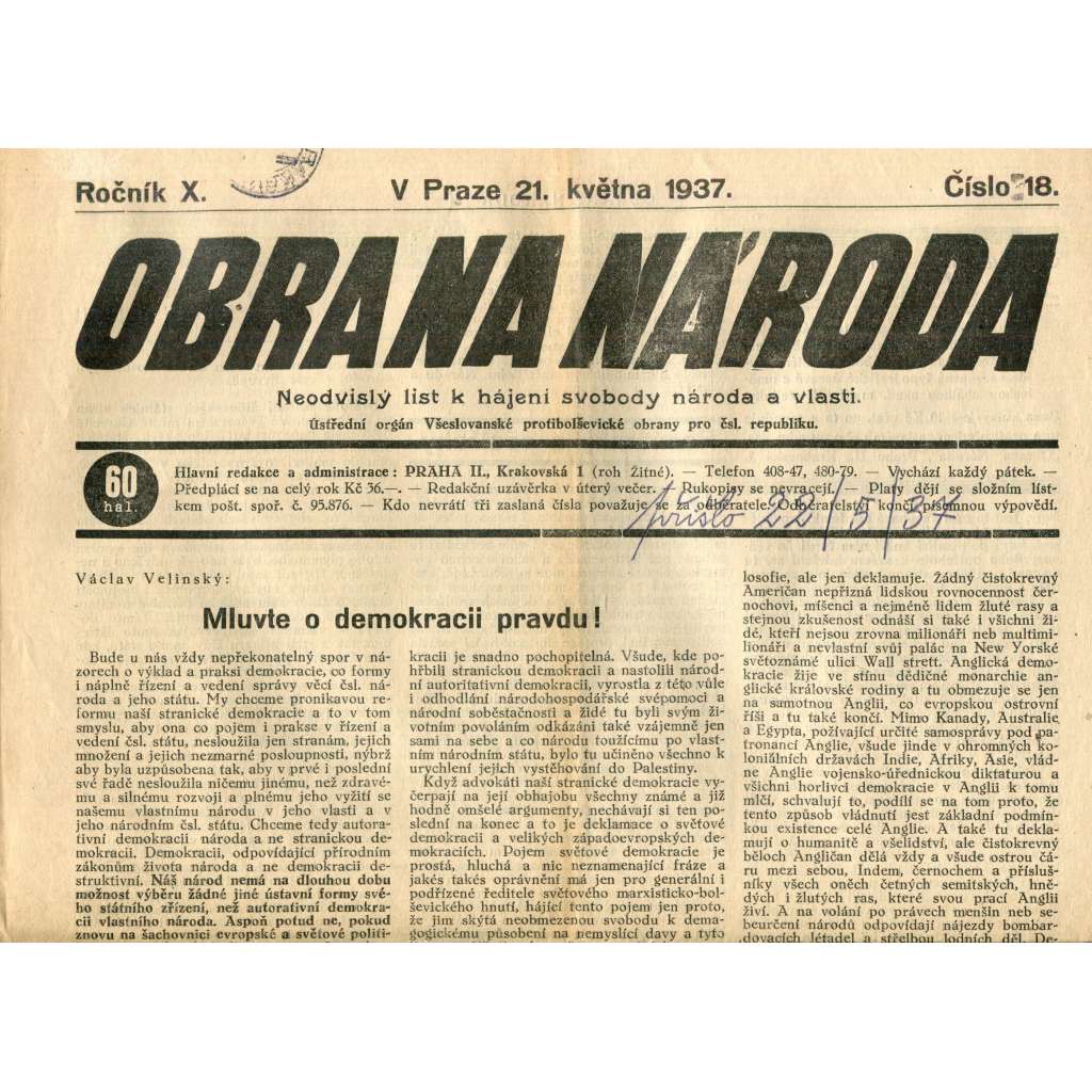 Obrana národa 21.5.1937 (antisemitismus, antisemitské, protibolševické noviny)