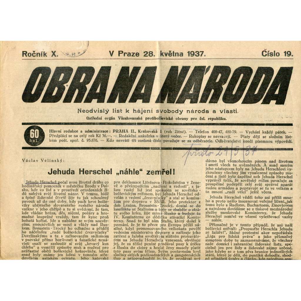 Obrana národa 28.5.1937 (antisemitismus, antisemitské, protibolševické noviny)