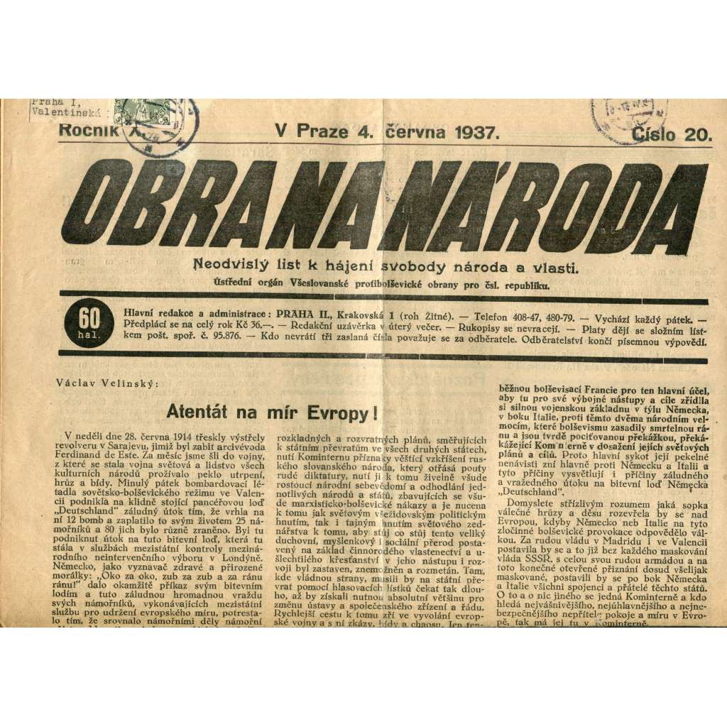 Obrana národa 4.6.1937 (antisemitismus, antisemitské, protibolševické noviny)