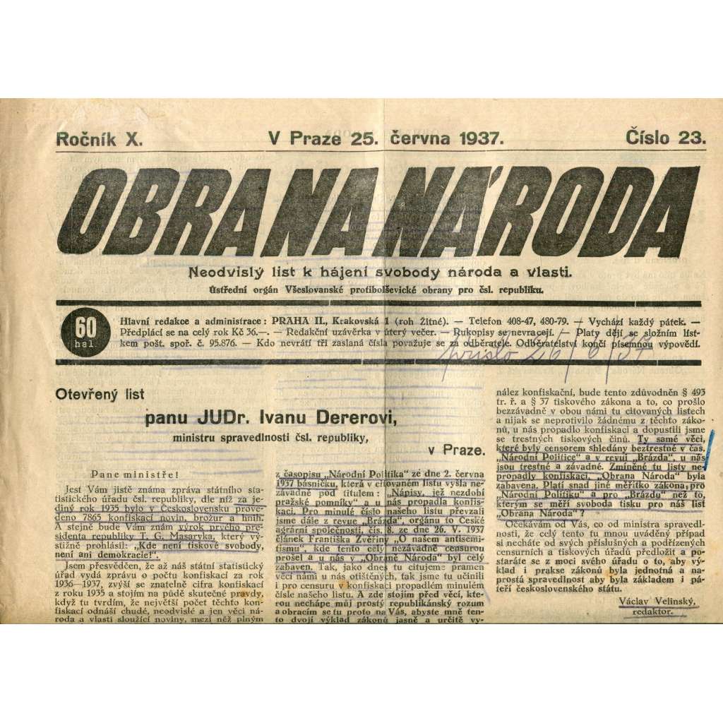 Obrana národa 25.6.1937 (antisemitismus, antisemitské, protibolševické noviny)