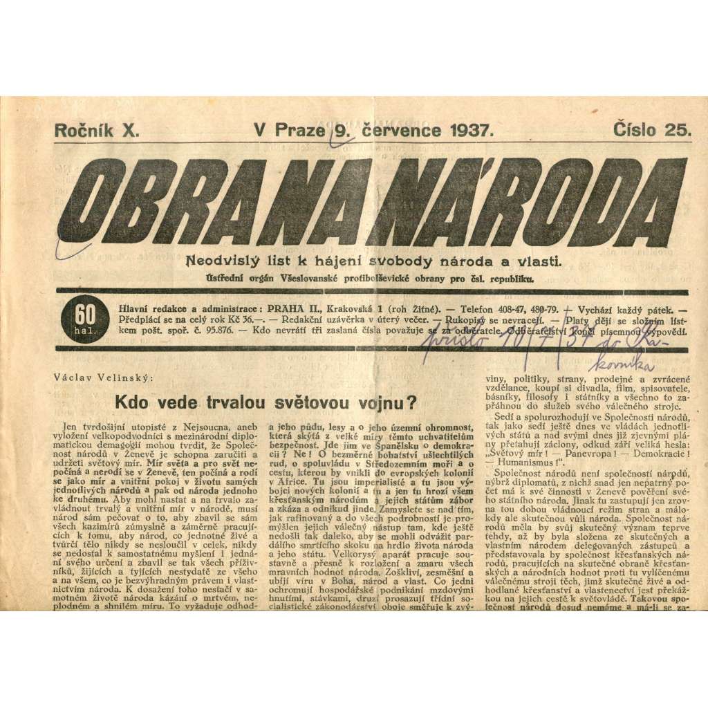 Obrana národa 29.7.1937 (antisemitismus, antisemitské, protibolševické noviny)
