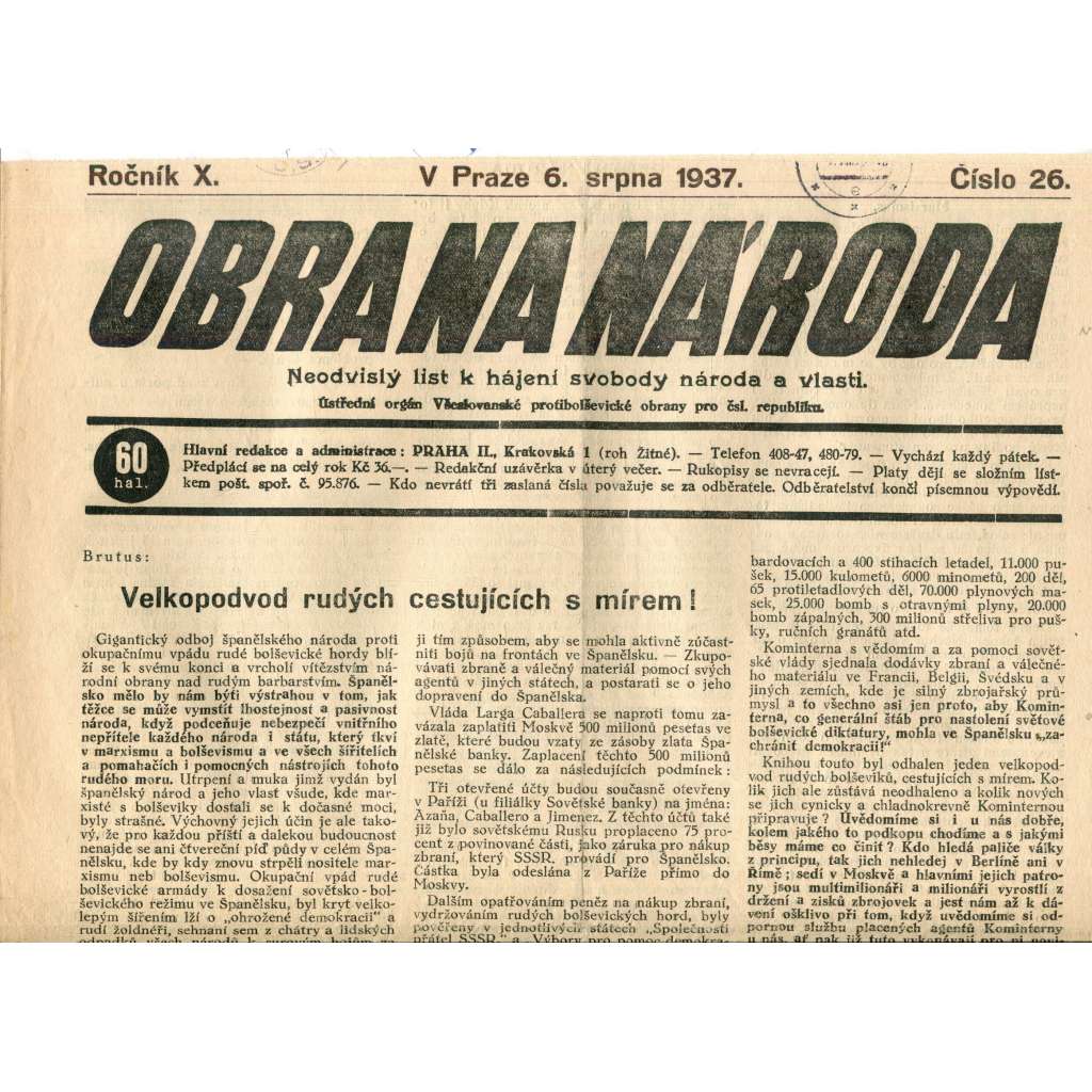 Obrana národa 6.8.1937 (antisemitismus, antisemitské, protibolševické noviny)