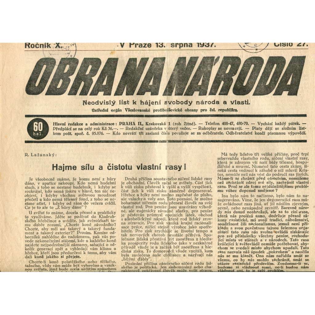 Obrana národa 13.8.1937 (antisemitismus, antisemitské, protibolševické noviny)