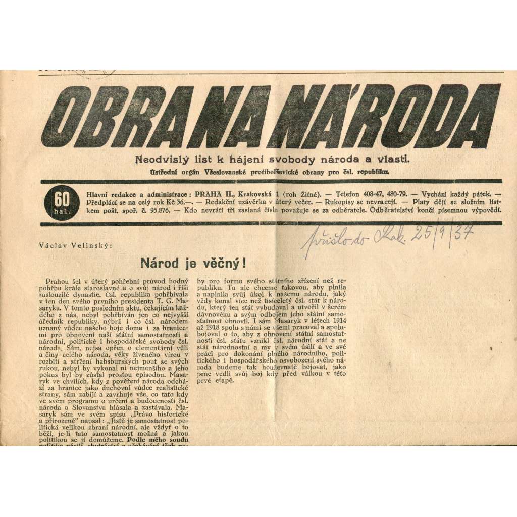 Obrana národa 24.9.1937 (antisemitismus, antisemitské, protibolševické noviny)