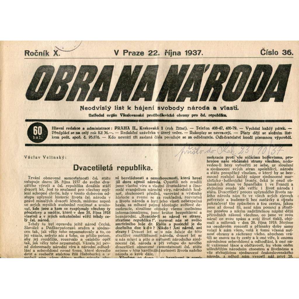 Obrana národa 22.10.1937 (antisemitismus, antisemitské, protibolševické noviny)