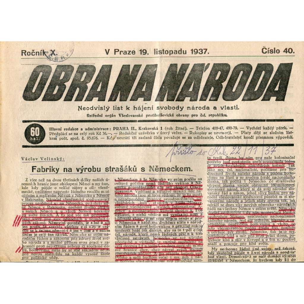 Obrana národa 19.11.1937 (antisemitismus, antisemitské, protibolševické noviny)
