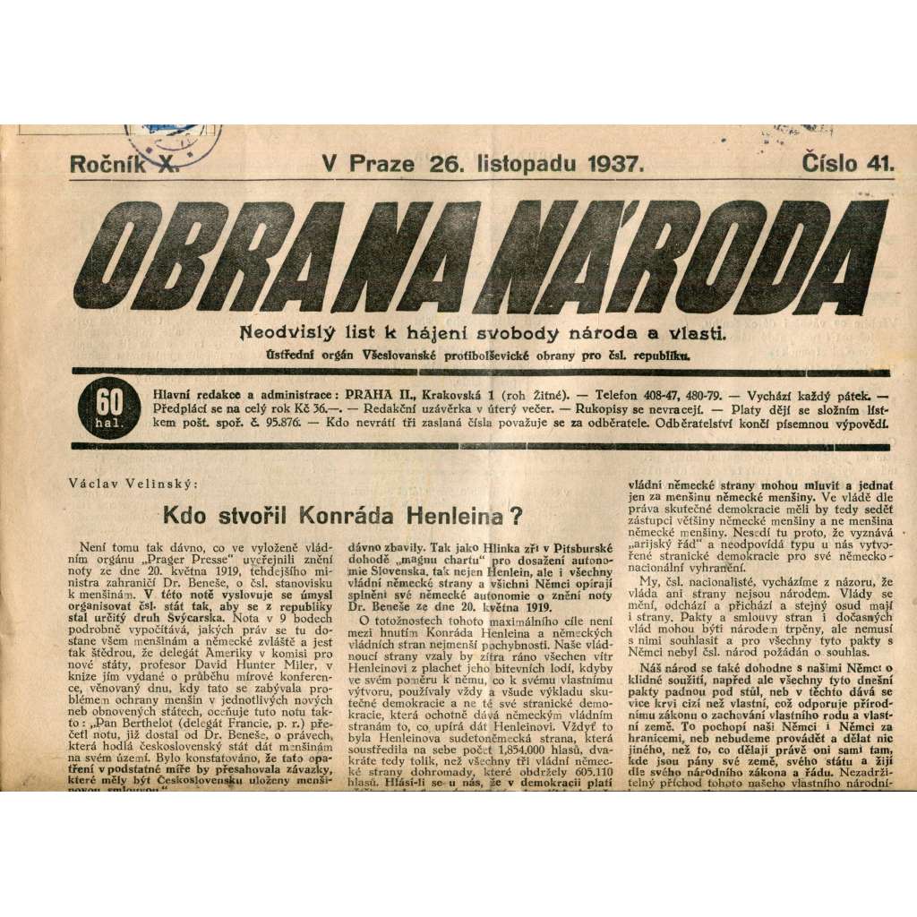 Obrana národa 26.11.1937 (antisemitismus, antisemitské, protibolševické noviny)
