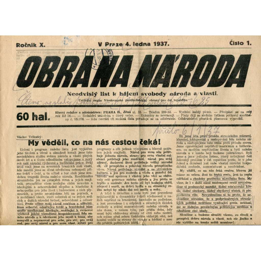 Obrana národa 4.1.1937 (antisemitismus, antisemitské, protibolševické noviny)