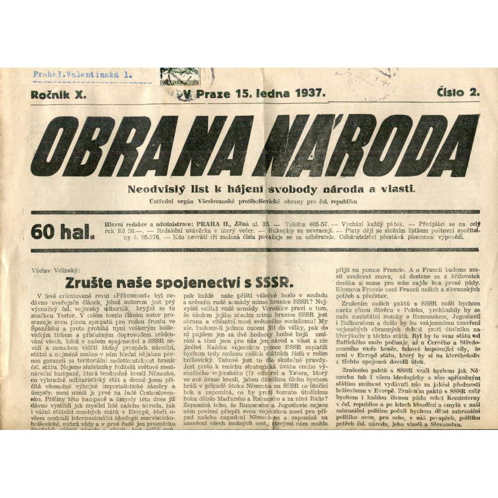 Obrana národa 15.1.1937 (antisemitismus, antisemitské, protibolševické noviny)