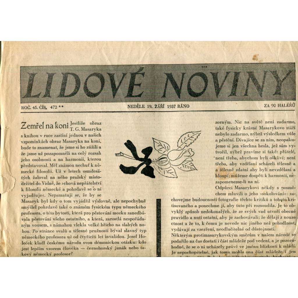 Lidové noviny 19.9.1937 (noviny, smrt, úmrtí T. G. Masaryk, prezident)