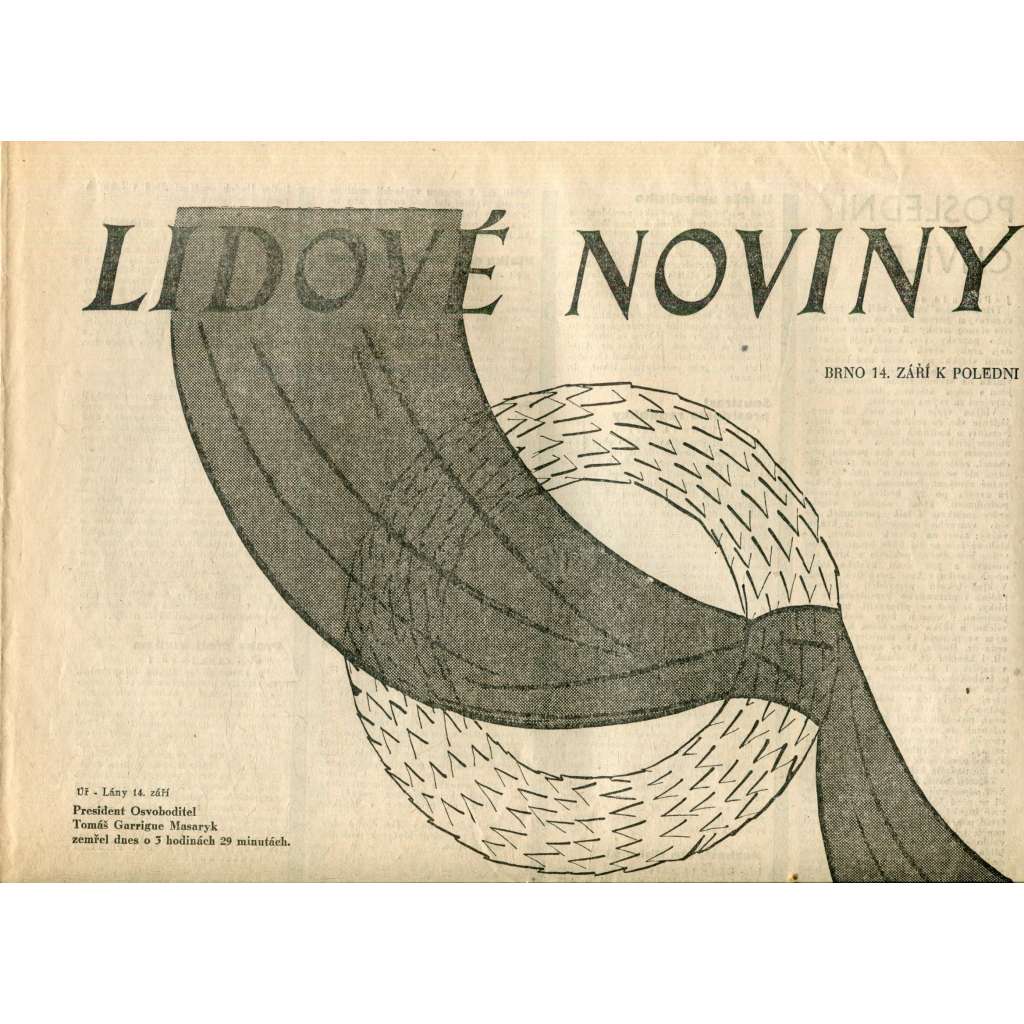 Lidové noviny 14.9.1937 (noviny, úmrtí T. G. Masaryk, prezident)