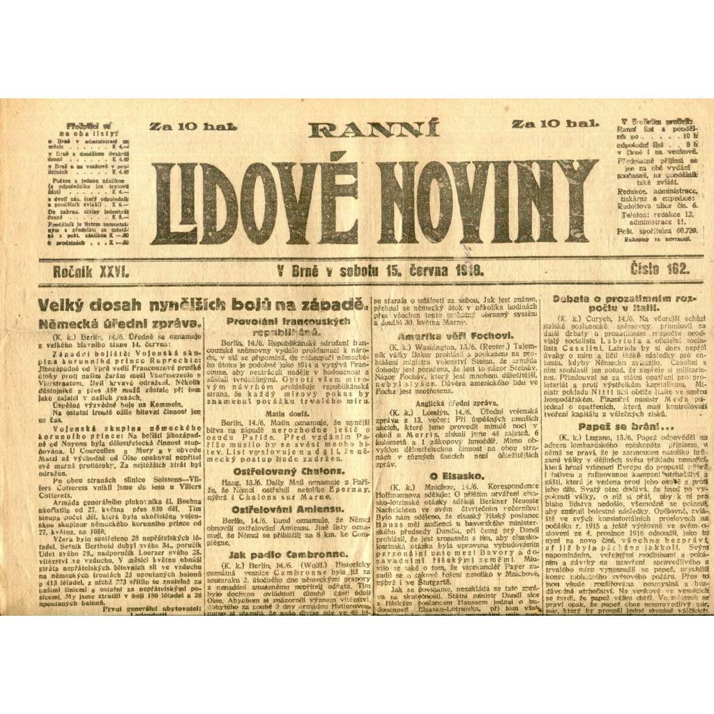 Lidové noviny 15.6.1918 (1. republika, staré noviny)