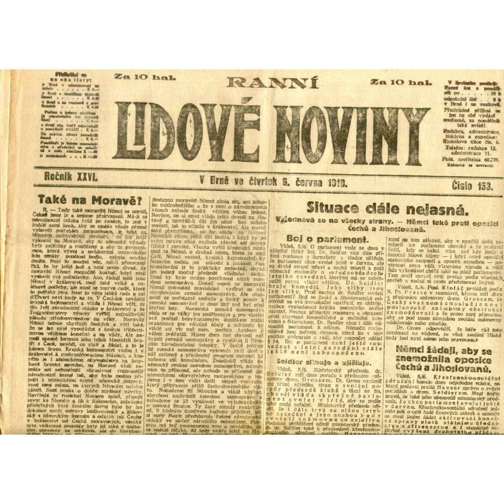 Lidové noviny 6.6.1918 (1. republika, staré noviny)