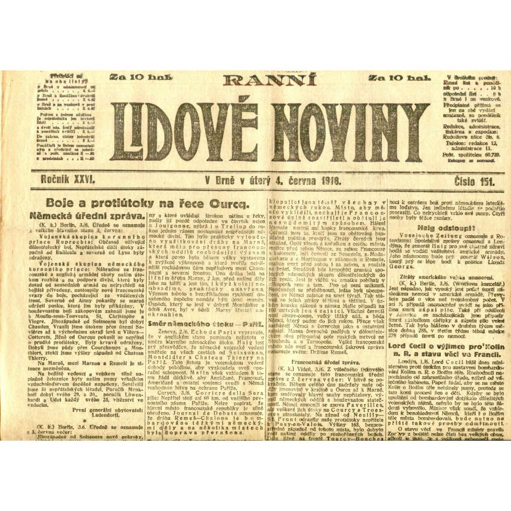 Lidové noviny 4.6.1918 (1. republika, staré noviny)