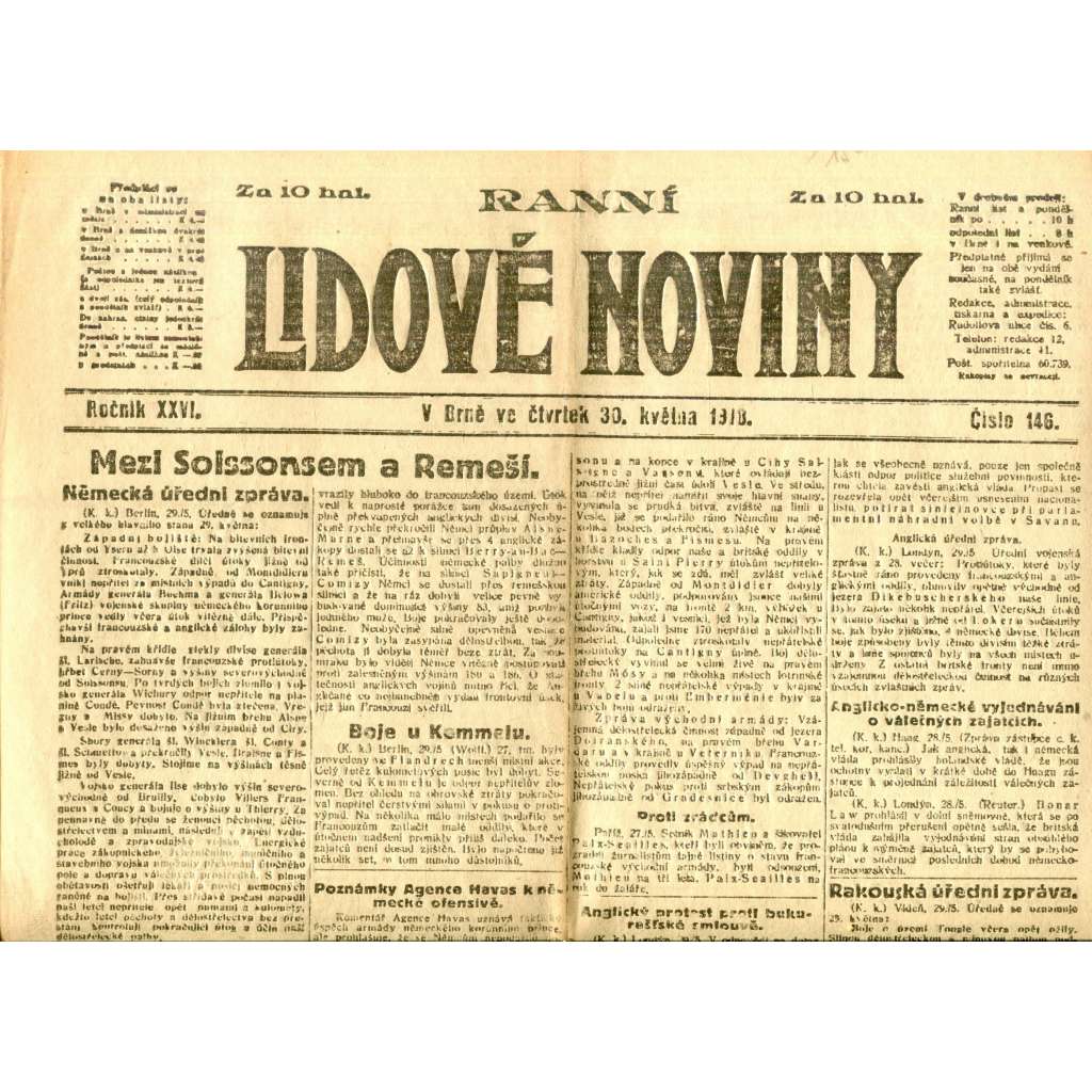 Lidové noviny 30.5.1918 (1. republika, staré noviny)