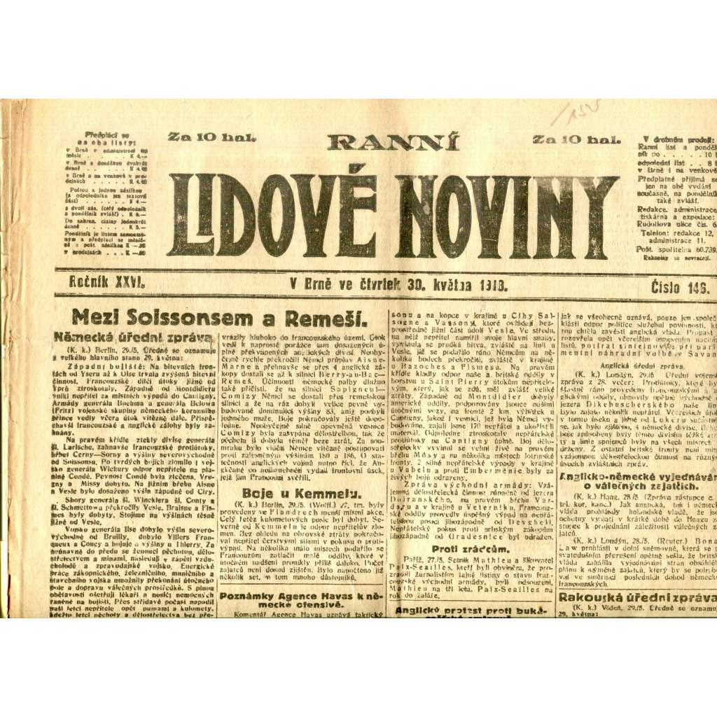 Lidové noviny 30.5.1918 (1. republika, staré noviny)