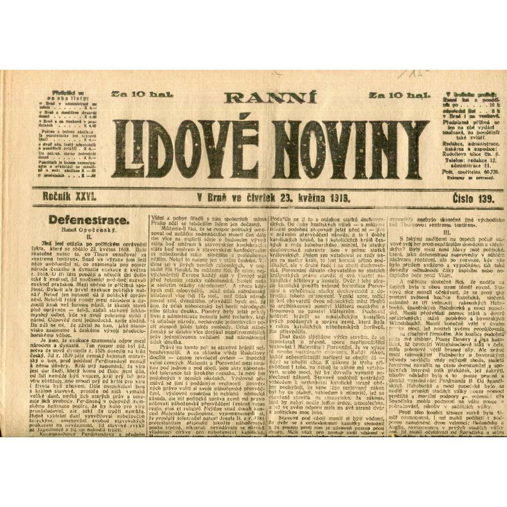 Lidové noviny 23.5.1918 (1. republika, staré noviny)