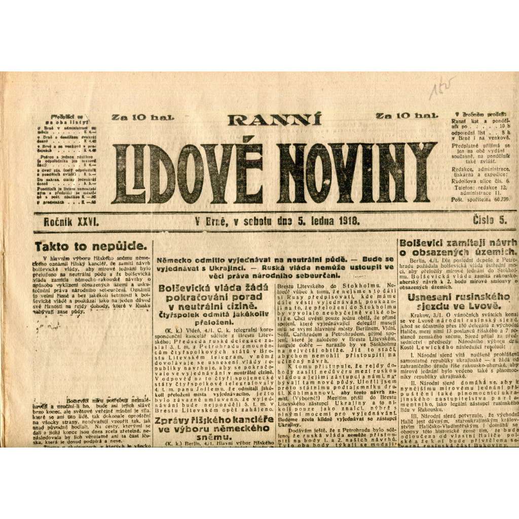 Lidové noviny 5.1.1918 (1. republika, staré noviny)