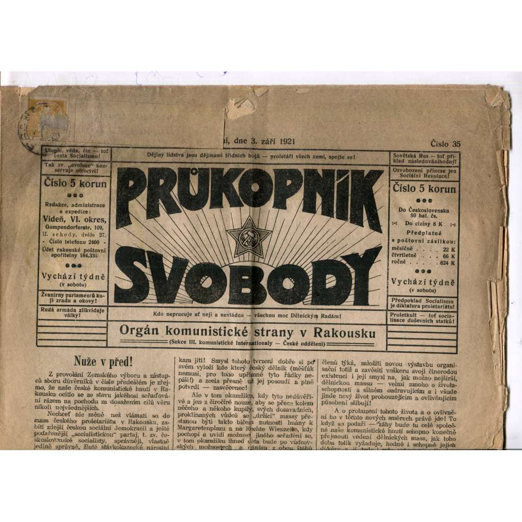 Průkopník svobody 3.9.1921. Orgán komunistické strany v Rakousku (1. republika, noviny)