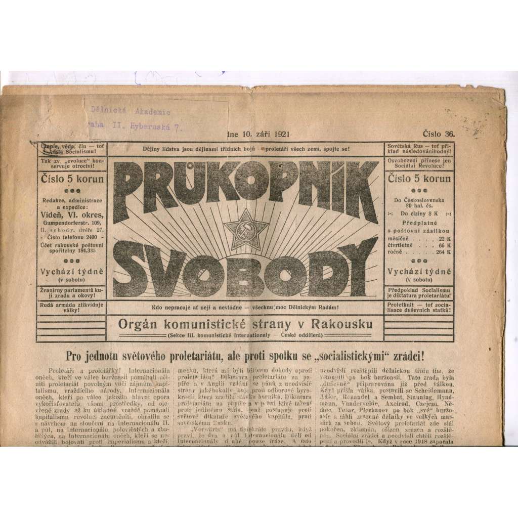 Průkopník svobody 10.9.1921. Orgán komunistické strany v Rakousku (1. republika, noviny)