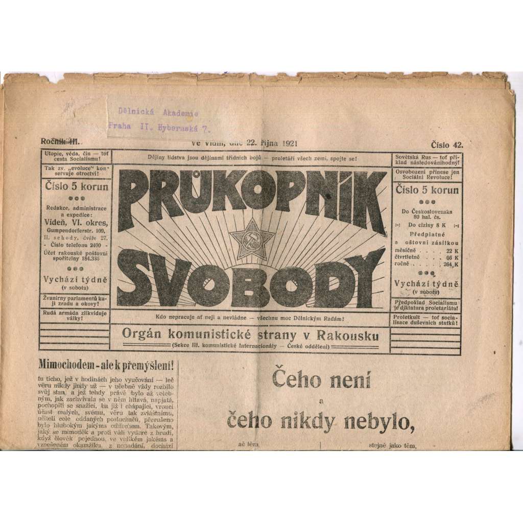 Průkopník svobody 22.10.1921. Orgán komunistické strany v Rakousku (1. republika, noviny)