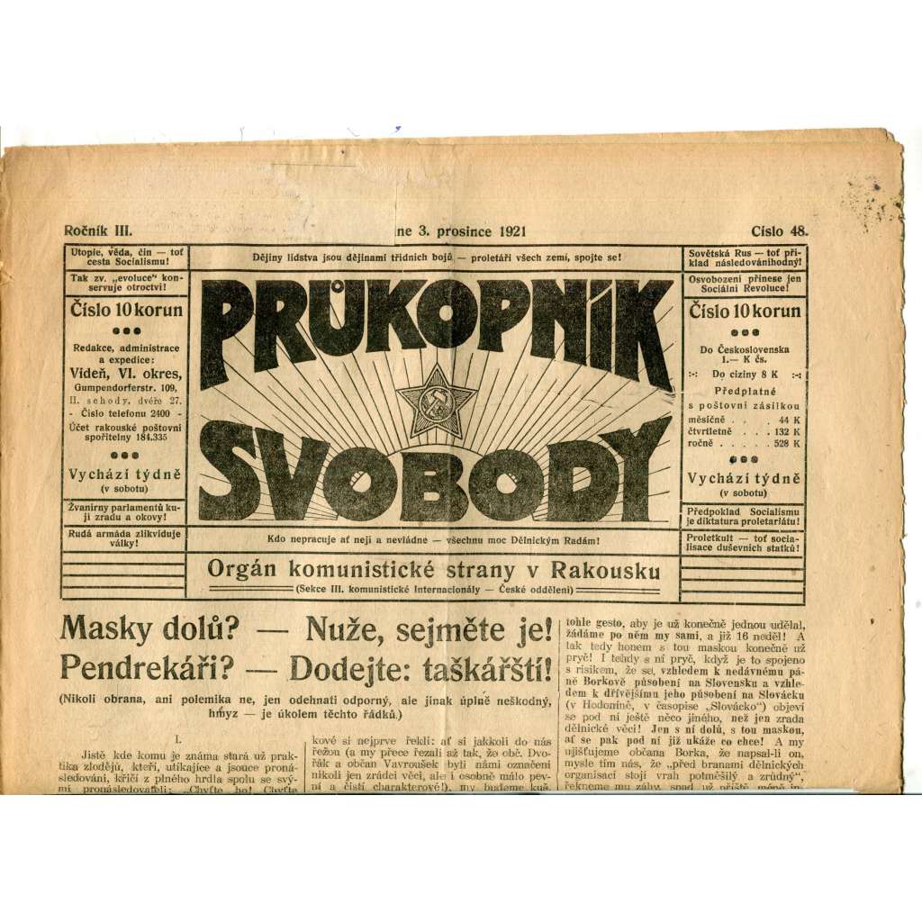 Průkopník svobody 3.12.1921. Orgán komunistické strany v Rakousku (1. republika, noviny)