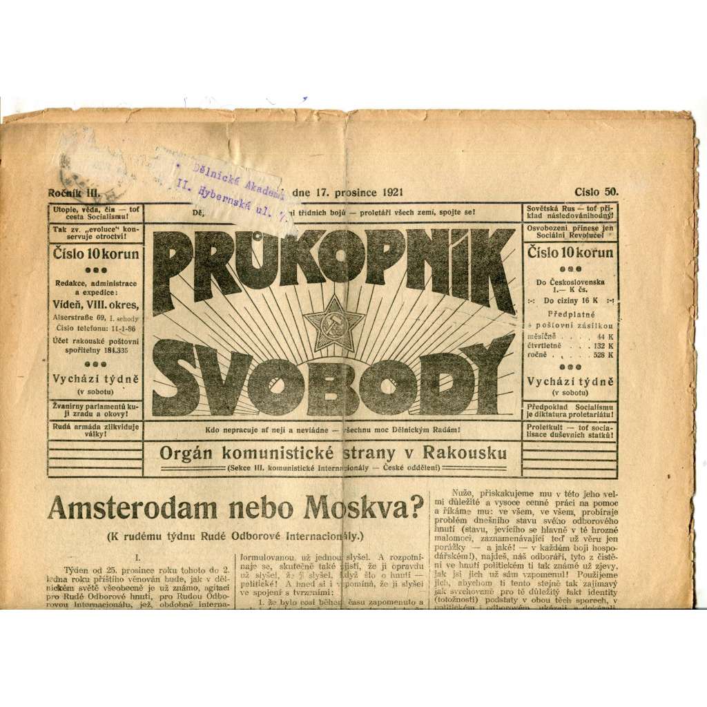 Průkopník svobody 17.12.1921. Orgán komunistické strany v Rakousku (1. republika, noviny)