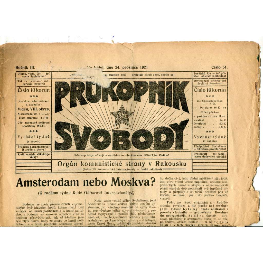 Průkopník svobody 24.12.1921. Orgán komunistické strany v Rakousku (1. republika, noviny)