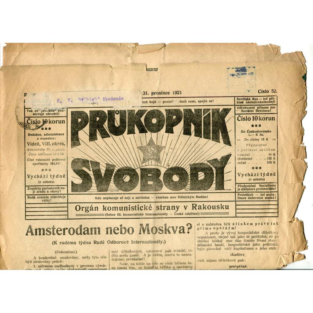 Průkopník svobody 31.12.1921. Orgán komunistické strany v Rakousku (1. republika, noviny) - pošk.