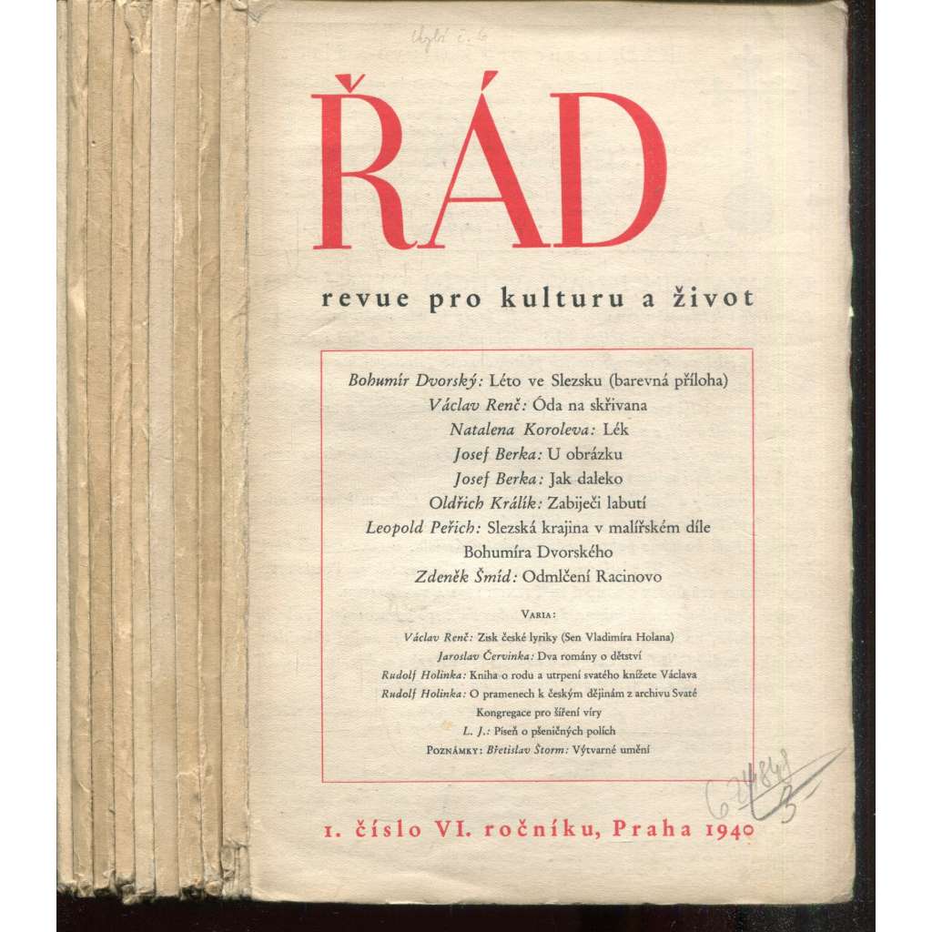 Řád, revue pro kulturu a život, ročník VI., čísla 1-5 a 7-10/1940 (není komplet, časopis)