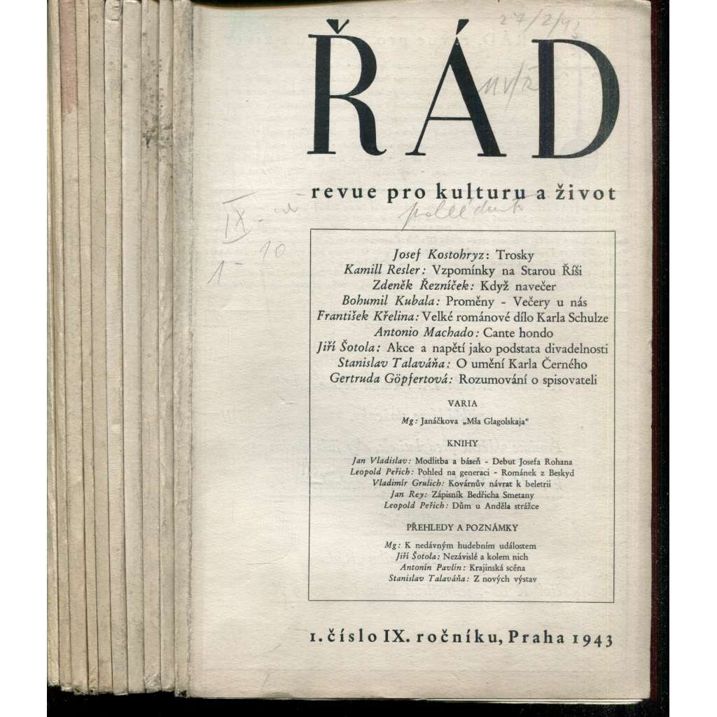 Řád, revue pro kulturu a život, ročník IX., čísla 1-10/1943 (komplet, časopis)