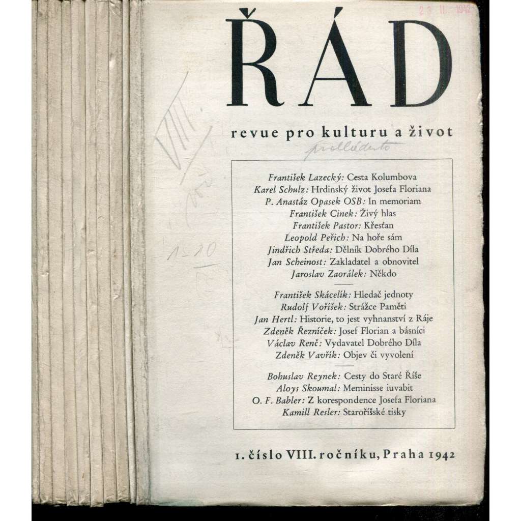 Řád, revue pro kulturu a život, ročník VIII., čísla 1-10/1942 (komplet, časopis)