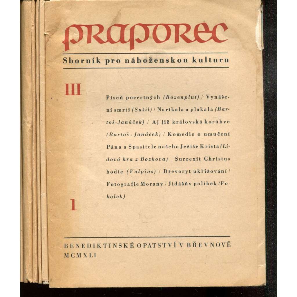 Praporec. Sborník pro náboženskou kulturu, ročník III., čísla 1-5/1941 (komplet) a ročník IV., číslo 1/1941 (časopis, písně, hudba, noty)