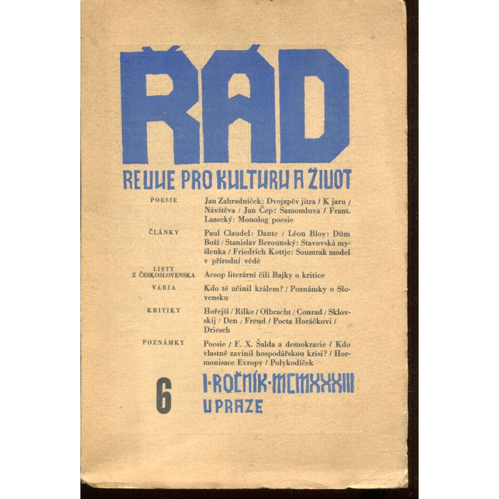 Řád, revue pro kulturu a život, ročník I., číslo 6/1933