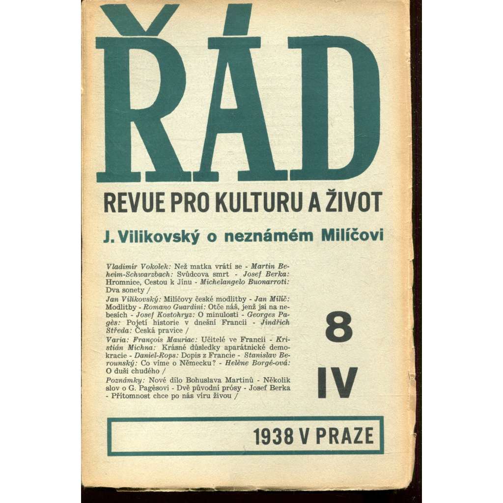 Řád, revue pro kulturu a život, ročník IV., číslo 8/1938