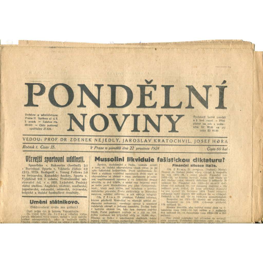 Pondělní noviny 22.12.1924 (noviny, 1. republika)