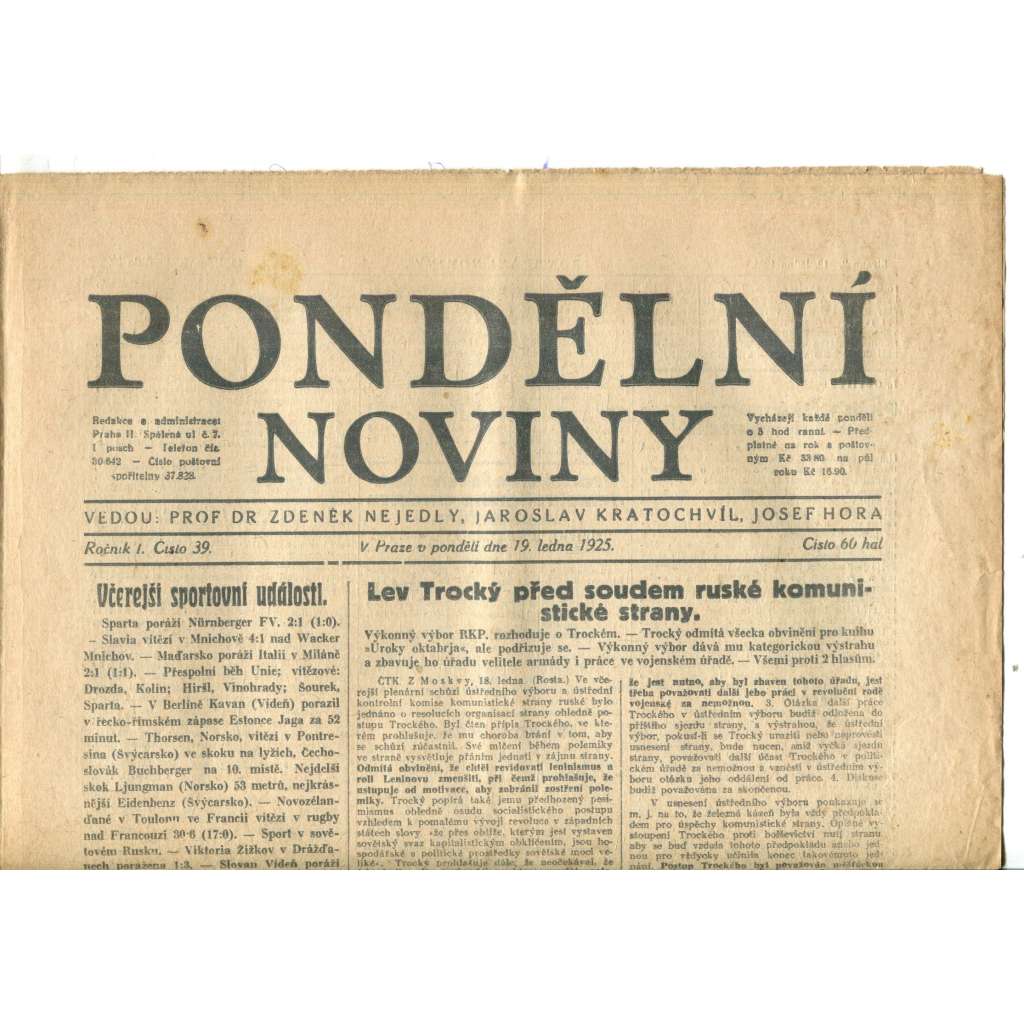 Pondělní noviny 19.1.1925 (noviny, 1. republika) - nejsou kompletní