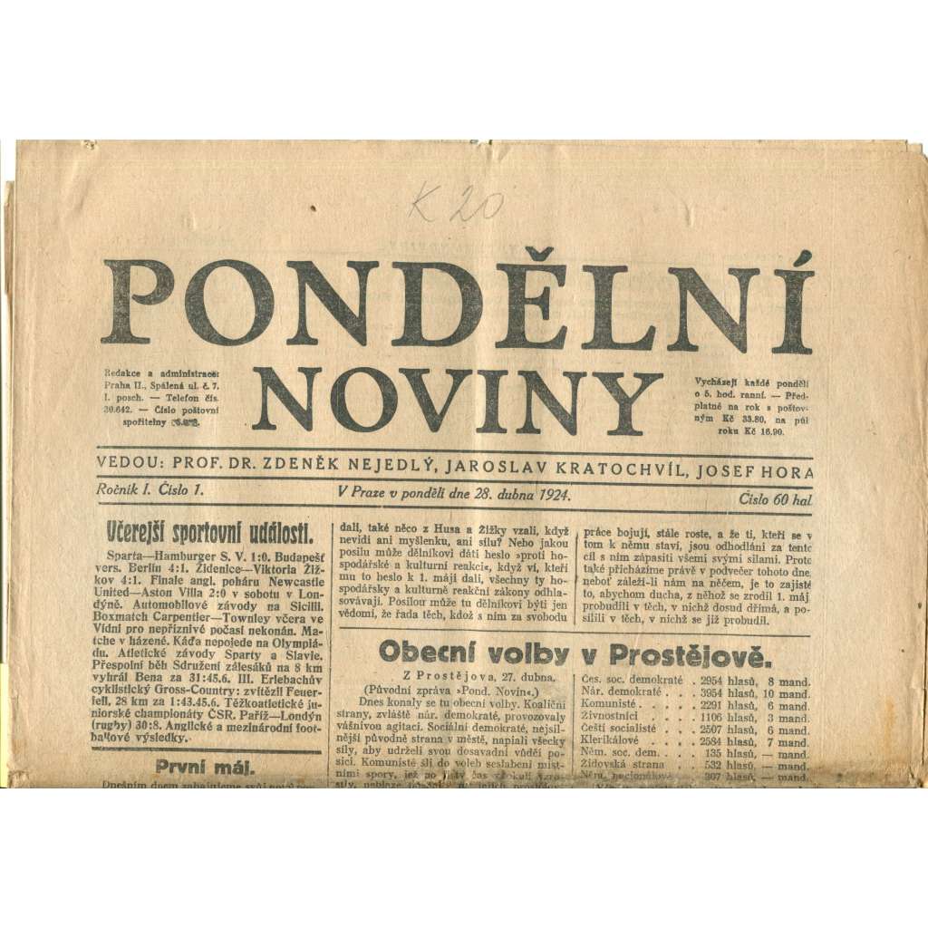 Pondělní noviny 28.4.1924 (noviny, 1. republika)