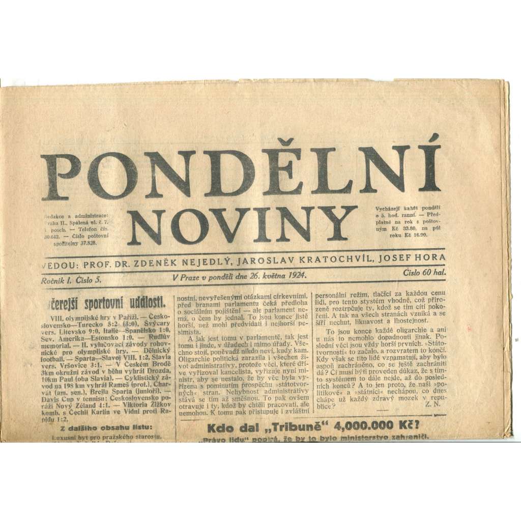 Pondělní noviny 26.5.1924 (noviny, 1. republika)