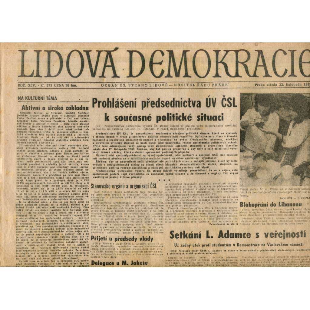Lidová demokracie (22.11.1989) - staré noviny