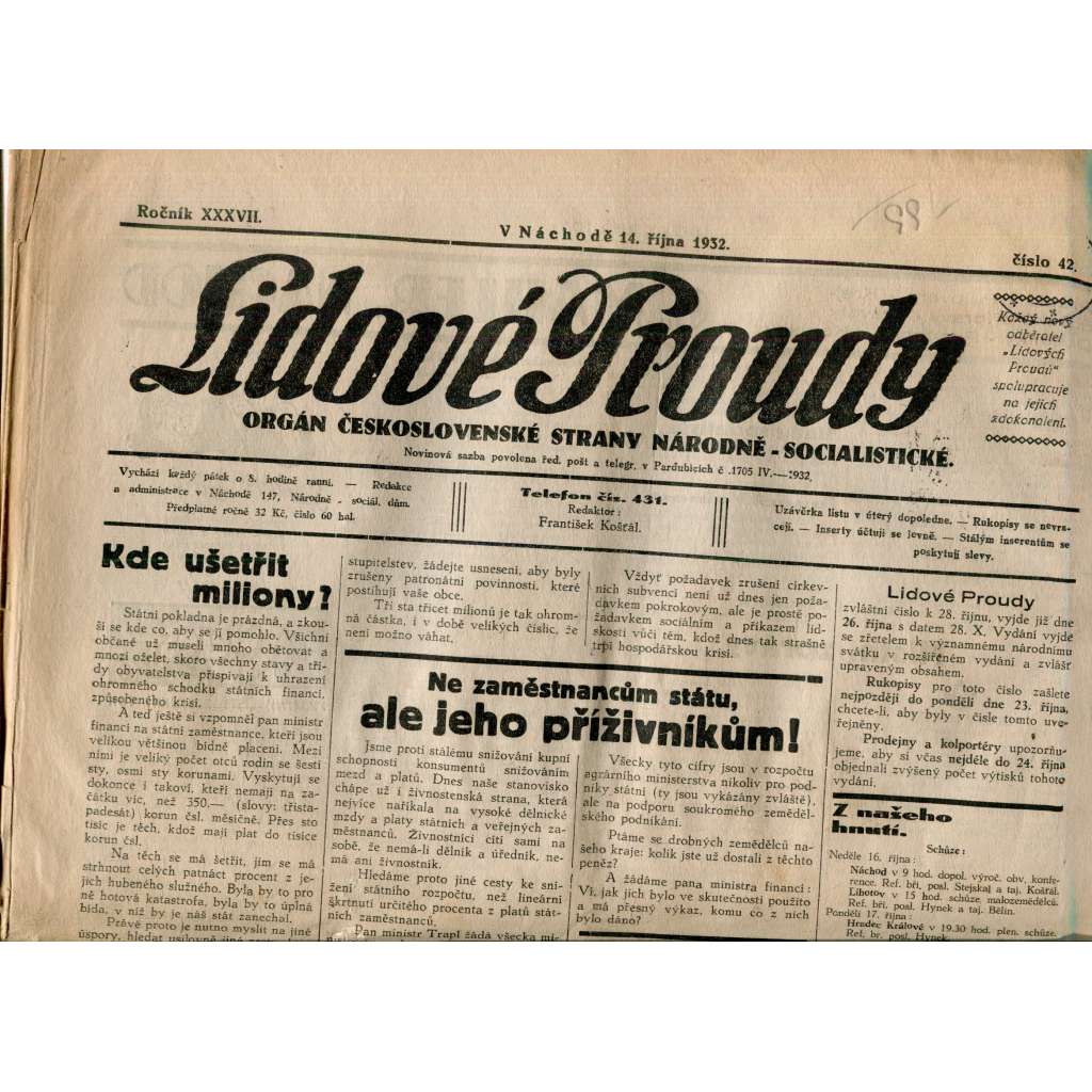 Lidové proudy 14.10.1932 (1. republika. staré noviny)
