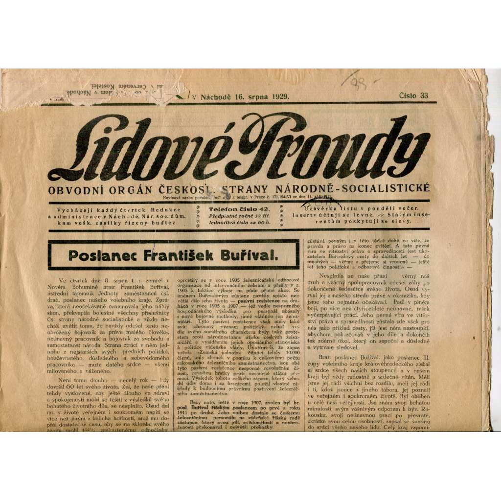 Lidové proudy 16.8.1929 (1. republika. staré noviny)