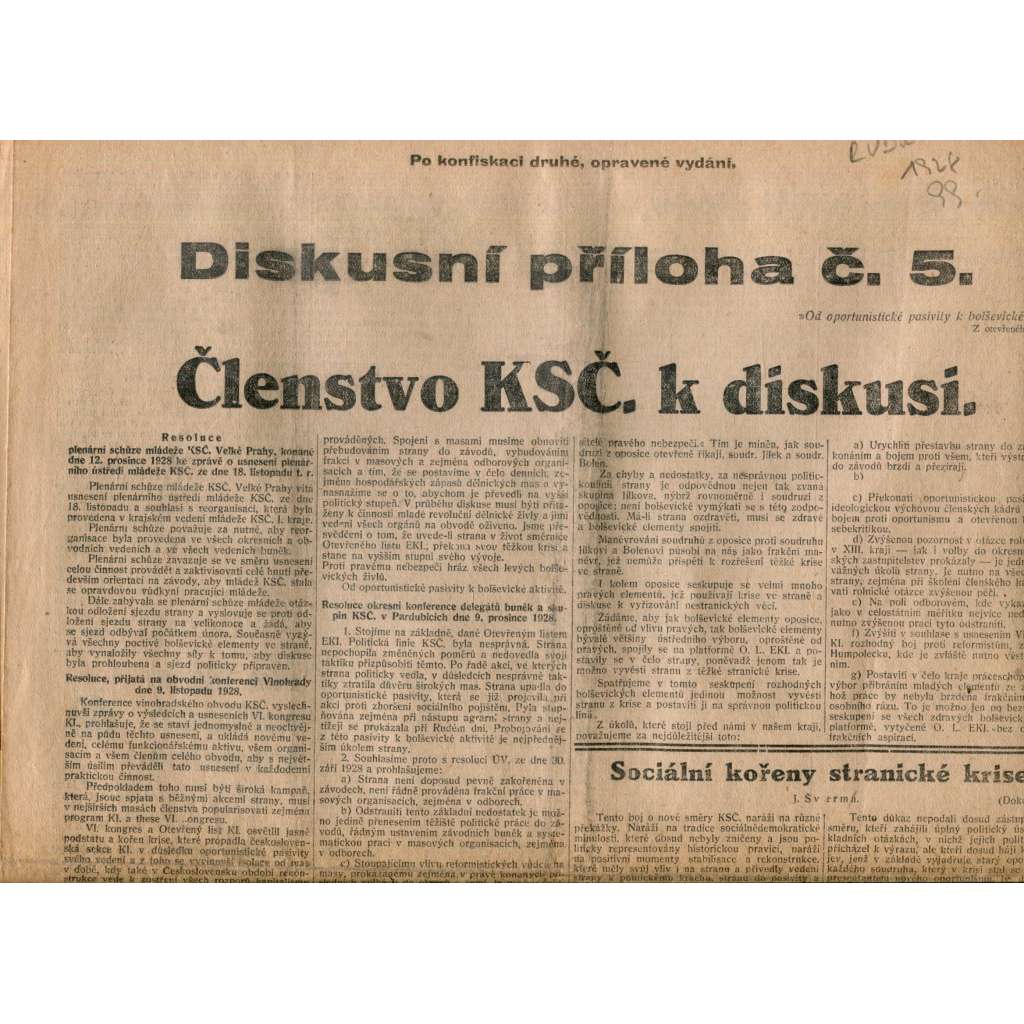 Diskusní příloha  č. 5. Rudé právo 1928 (1. republika. staré noviny)