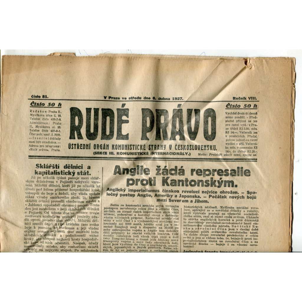 Rudé právo 6.4.1927 (staré noviny, 1. republika)